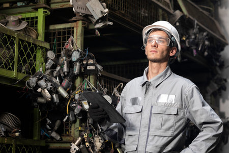 Portrait of technician worker working in garage scrap yard car workshop warehouse.