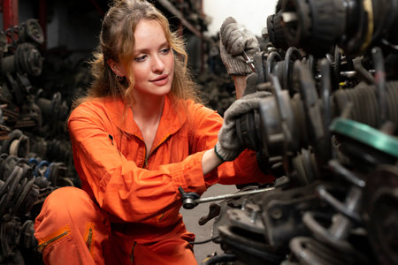 Portrait of a female mechanic in uniform working in a workshop.の写真素材