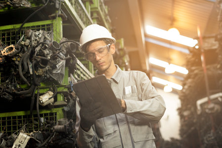 Portrait of a male engineer using tablet computer while standing in factoryの写真素材