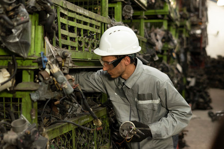 Worker in the factory of metal processing plant working on a machineの写真素材