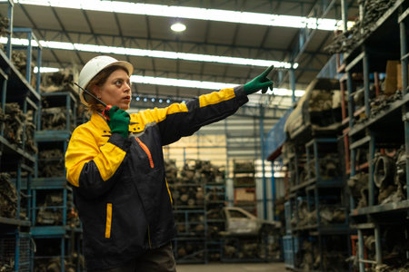 Hispanic female foreman worker holding walkie talkie, checking inventory of auto parts and engine...
