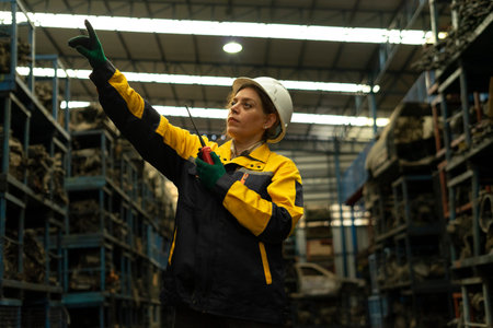 Hispanic female foreman worker holding walkie talkie, checking inventory of auto parts and engine...