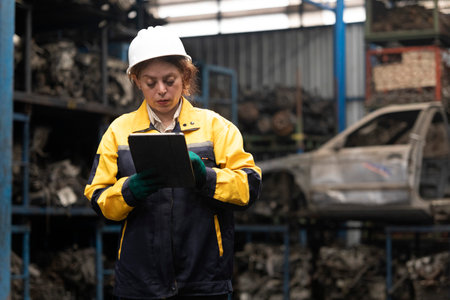Hispanic female foreman worker standing holding tablet, checking inventory of auto parts and engine maintenance duties in factory.の写真素材