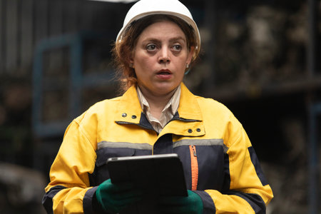 Hispanic female foreman worker standing holding tablet, checking inventory of auto parts and engine...