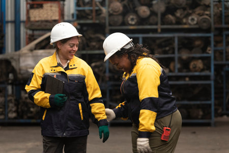 Two female factory workers in hardhats and helmets working in a warehouse