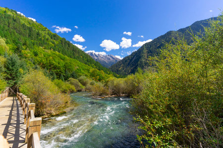 Beautiful lake in autumn season in Jiuzhaigou Valley National Park, China.の写真素材