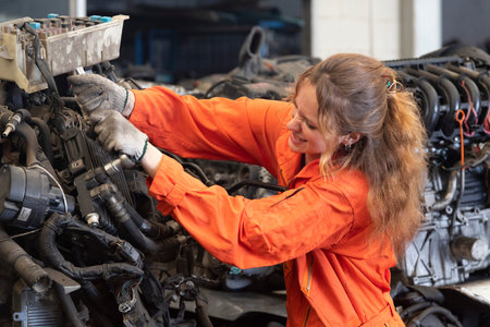 Female mechanic repairing car engine in auto repair shop. Focus on woman