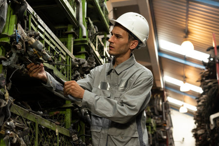 Portrait of a factory worker standing in front of a machine in a factory