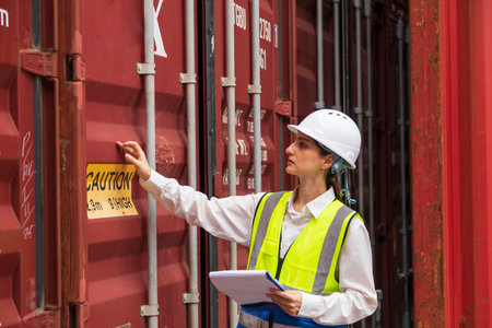 Portrait of a female worker in hardhat and safety vest holding clipboard while standing near...