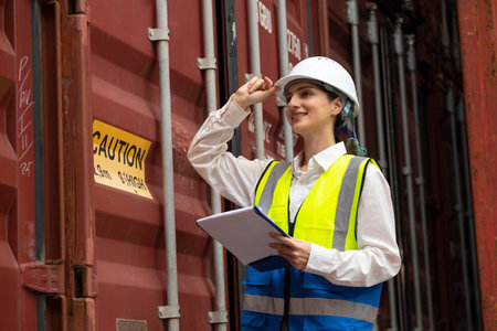 Portrait of a young female engineer wearing safety helmet and reflective vest standing in front of...