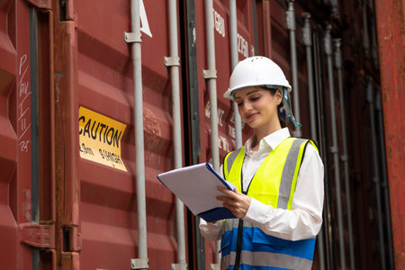 Portrait of a female worker wearing safety helmet and reflective vest writing on clipboard while...