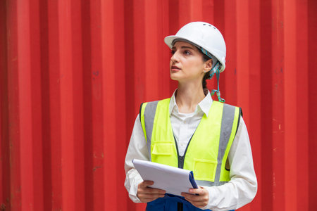 Portrait of female engineer wearing safety vest and white hard hat holding digital tablet in front...