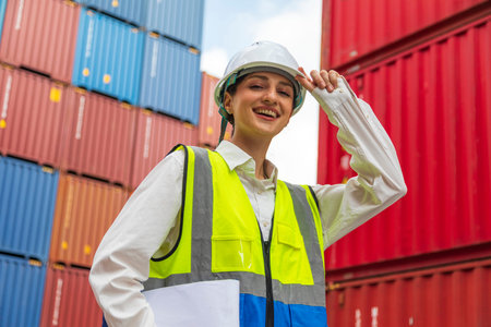 Portrait of female engineer wearing safety vest and helmet standing by container