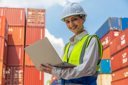 Portrait of a female engineer working with a laptop at the container terminal