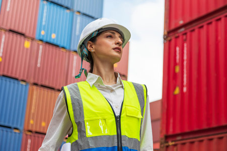 Portrait of female worker wearing safety helmet and reflective vest standing in front of container...