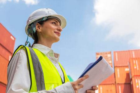 portrait of female worker holding clipboard and looking away at container yard