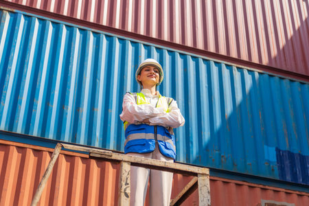 Portrait of female worker wearing safety vest and helmet at overseas shipping container yard.