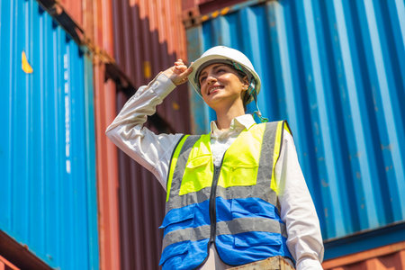 Portrait of female worker wearing safety vest and helmet at overseas shipping container yard.