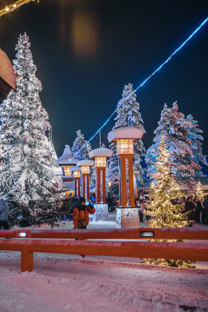 Arctic circle crossing in Santa Claus' Village in Rovaniemi, Lapland, in winterの写真素材