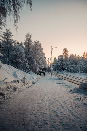 Snowy Lapland street through Rovaniemi at sunrise in cold winterの写真素材