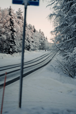 Road through Lapland forest covered in snow in winter in Rovaniemiの写真素材