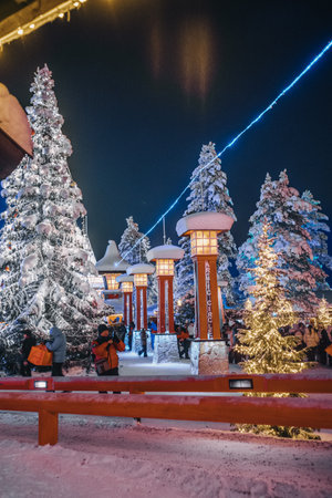 Arctic circle crossing during polar night in Santa Claus' Village, Rovaniemiの写真素材