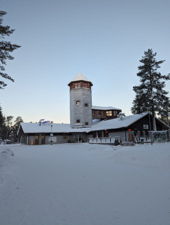 Entrance building to wildlife park in Ranua, Lapland on snowy dayの写真素材