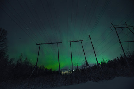 Bright green aurora in sky behind power lines in Rovaniemi, Laplandの写真素材