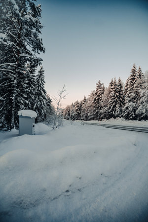Post box in snow next to road through forest in winter in Rovaniemi, Laplandの写真素材