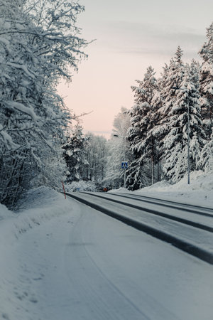 Snowy road through trees in winter with street sign in Rovaniemi, Laplandの写真素材