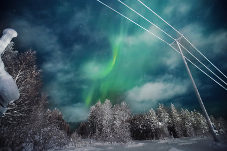 Aurora borealis above snowy forest and power lines in Rovaniemi, Laplandの写真素材