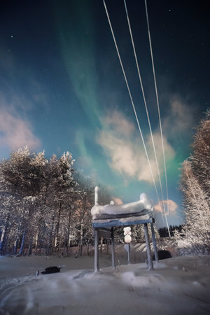 Aurora borealis in starry sky above wooden sign in Rovaniemi, Laplandの写真素材