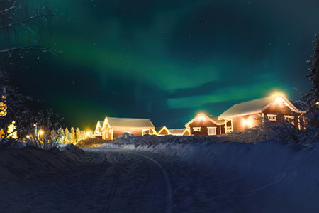 Aurora borealis above Santa Claus' Village in Rovaniemi, Laplandの写真素材