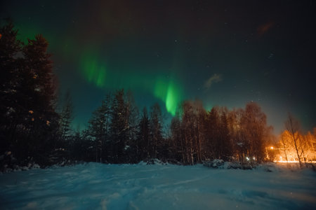 Green northern lights over street through snowy forest in Rovaniemi, Laplandの写真素材