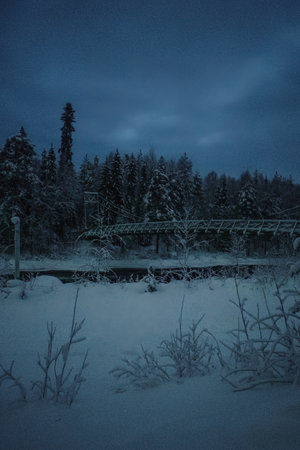 Wooden bridge in snowy forest over river in polar night in Rovaniemi, Laplandの写真素材