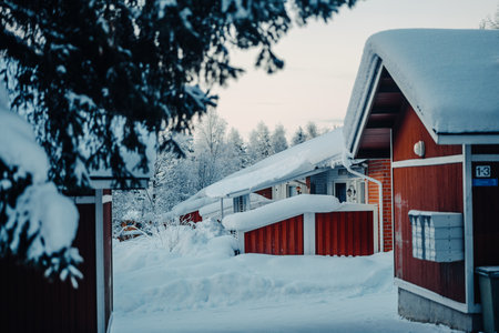 Red houses covered in snow in winter in Rovaniemi, Laplandの写真素材