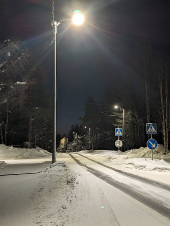 Road through Syvasenvaara in Rovaniemi at night in winter in snowy Laplandの写真素材