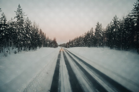 Snowy road shot from back window of coach in Ranua, Laplandの写真素材