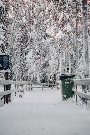 Green bin on path through snowy winter forest in Ranua, Lapland