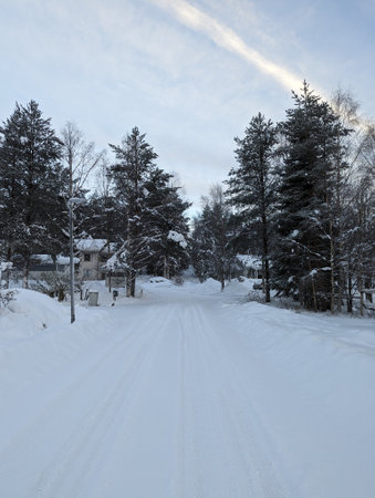 Snowy road through trees in Rovaniemi in winter in Laplandの写真素材