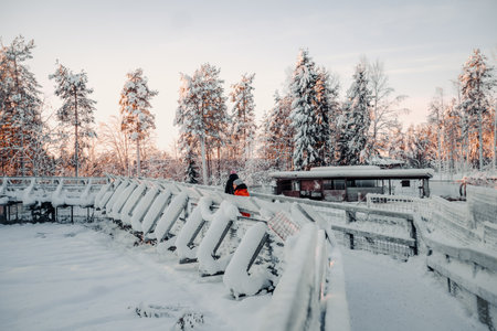 Tourists on snowy footpath in wildlife park in Ranua, Laplandの写真素材