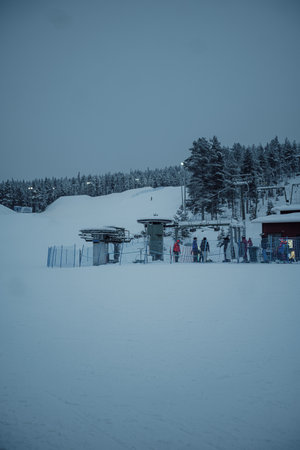 Ski lift in Ounasvaara ski resort in winter in Rovaniemi, Laplandの写真素材