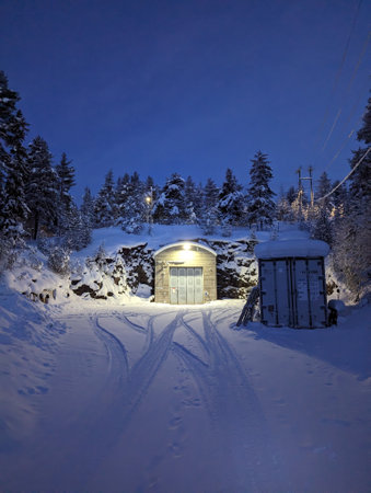 Nuclear bunker in the snow in winter wonderland in Rovaniemi, Laplandの写真素材