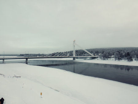 Snowy bridge in winter in Rovaniemi, Laplandの写真素材