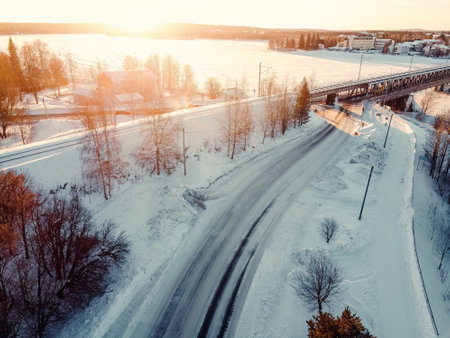Aerial view of railway line through the snow in Rovaniemi, Laplandの写真素材