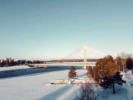 Aerial shot of a bridge in Rovaniemi, Laplandの写真素材