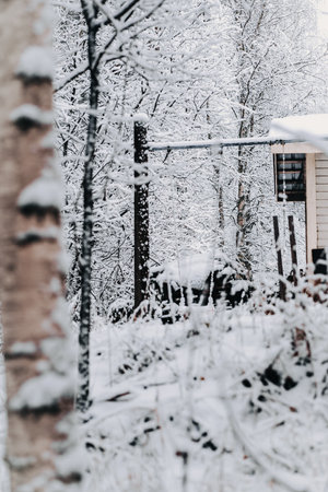 Snowy swing frame in garden in Rovaniemi, Lapland in winterの写真素材