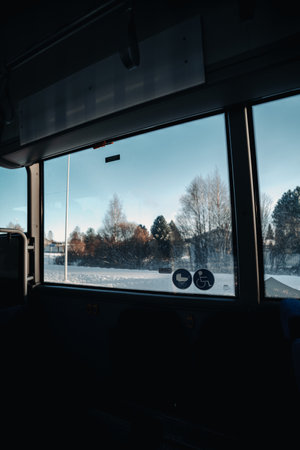 Inside bus on sunny winter morning in Rovaniemi, Laplandの写真素材