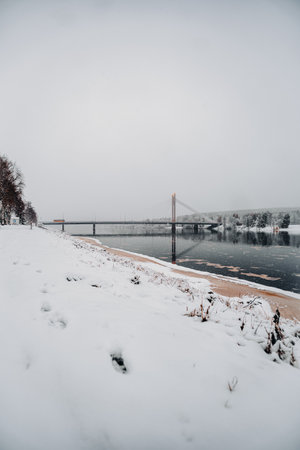 Bridge on snowy day in Rovaniemi, Lapland in winterの写真素材