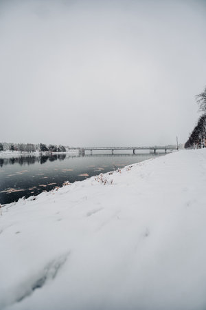Ounasjoki river at the start of winter in Rovaniemi, Laplandの写真素材